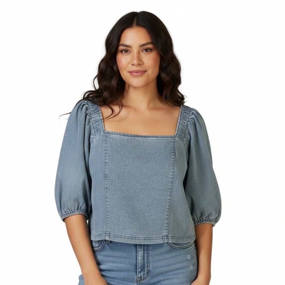 NWT Fab'rik Womens Puff Sleeve Top Light Wash Denim 100% Cotton Cottagecore Sz L